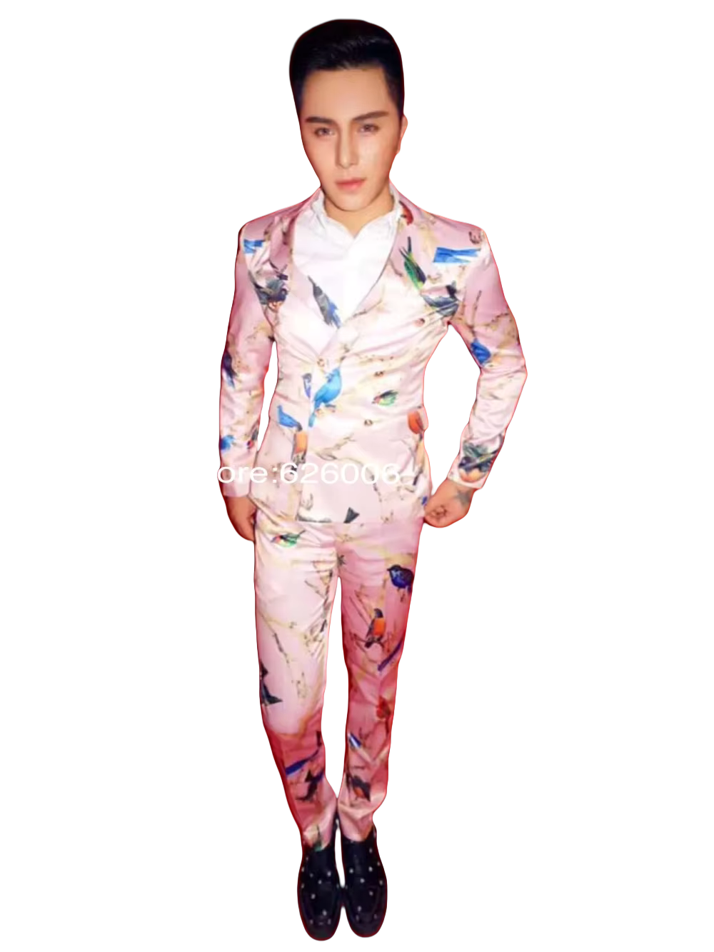 Men Formal Wear Pink - Herrenmode Blume Rosa Vögel Drucken Anzüge