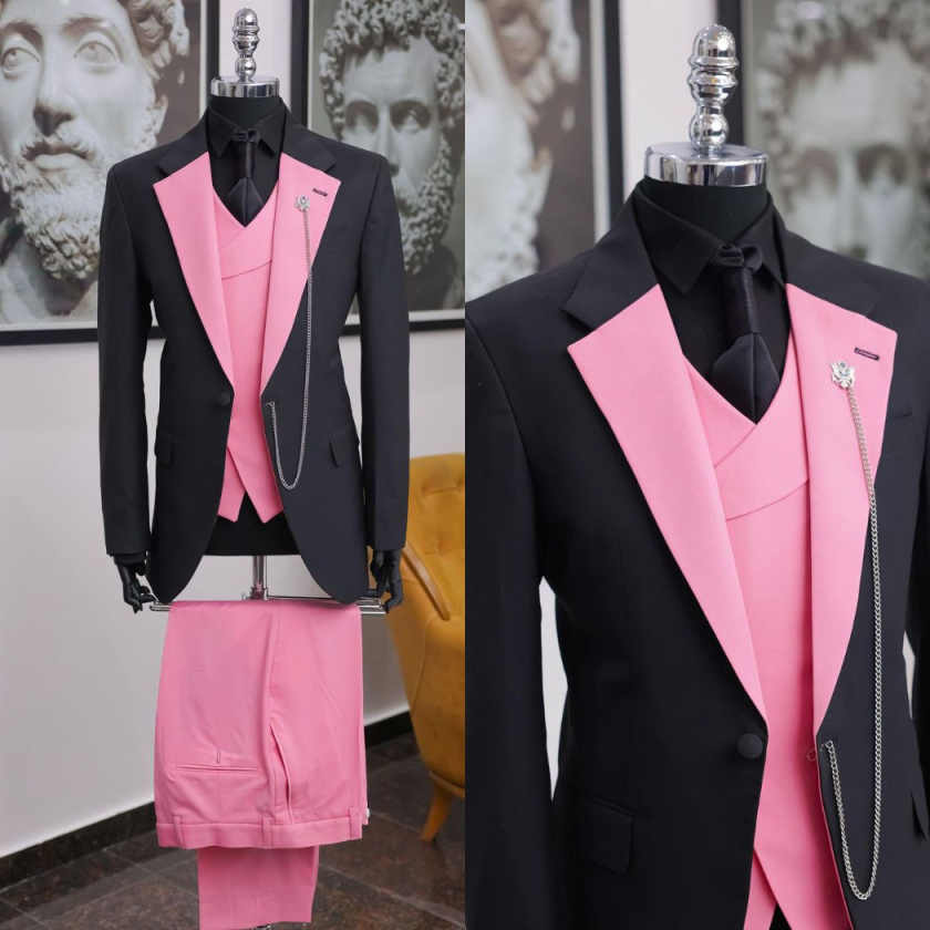 Men Formal Wear Pink - Luxuriöser Schwarz-Rosa Herren-Smoking mit Schalkragen Dreiteiliger