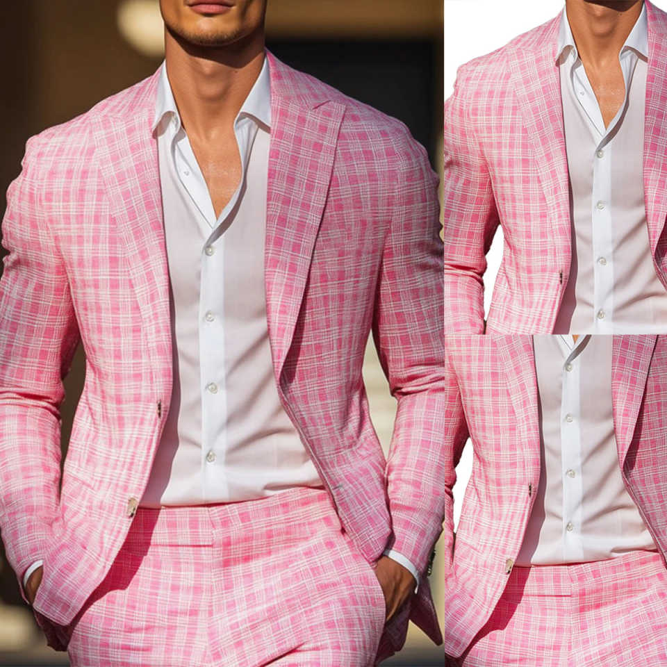 Men Formal Wear Pink - Sommer rosa karierte Herren-Smokings mit spitzem