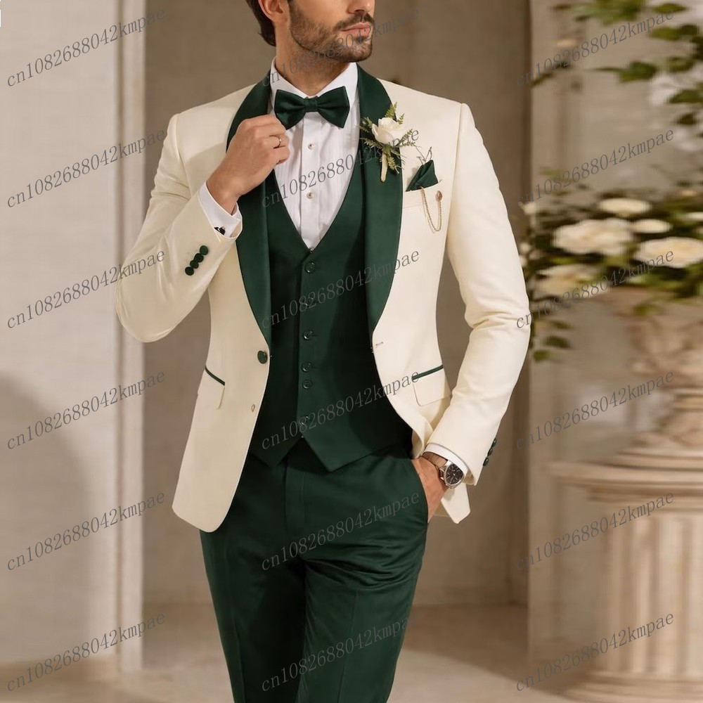 Men'S Formal Wear For A Wedding - Neuer elfenbeinfarbener und dunkelgrüner formeller Herrenanzug,