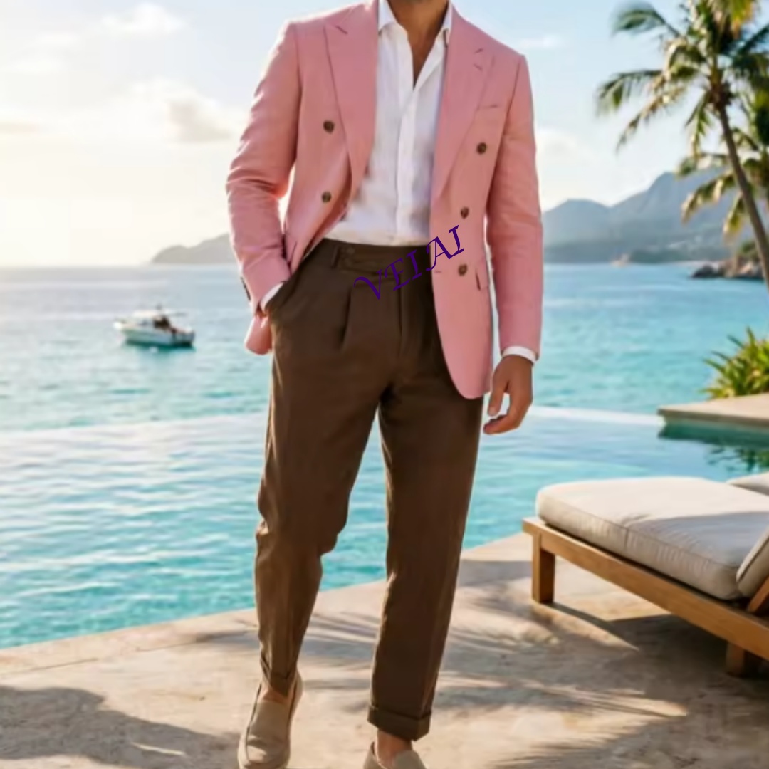 Elegant Formal Men'S Wear - Maßgeschneiderter 2-teiliger beiger Leinen-Herrenanzug, zweireihig, elegante